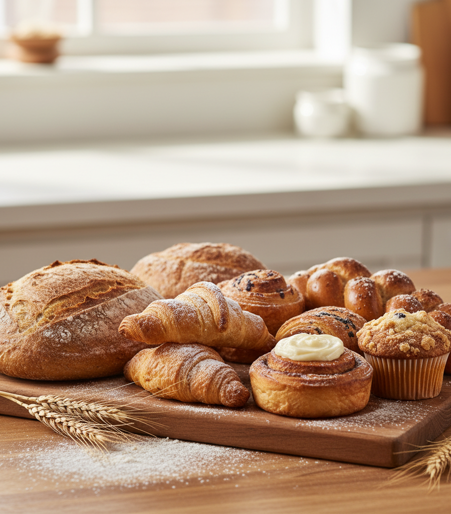 Various types of bread and pastries containing gluten that should be avoided in celiac disease and gluten intolerance.