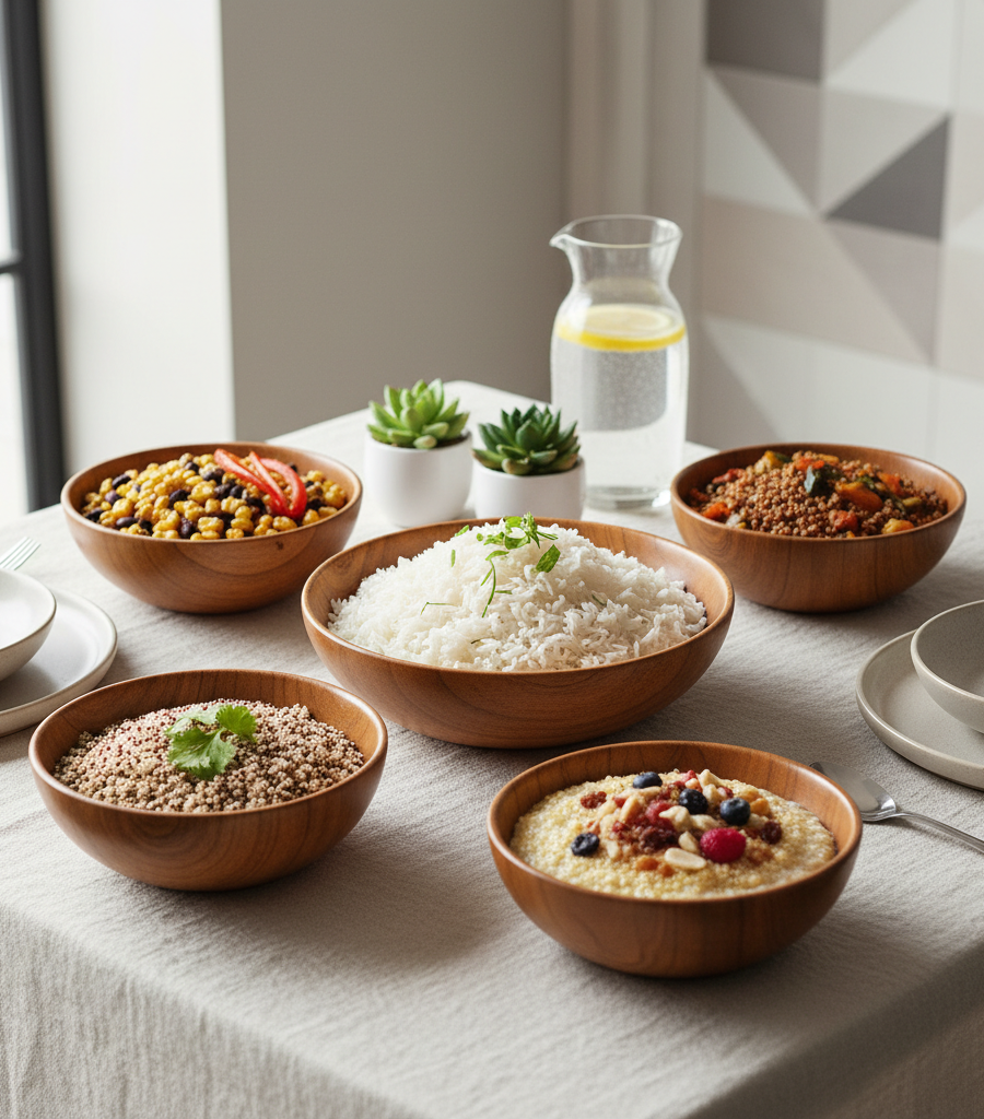 Healthy alternative meals with rice and quinoa suitable for a diet in celiac disease and gluten intolerance.