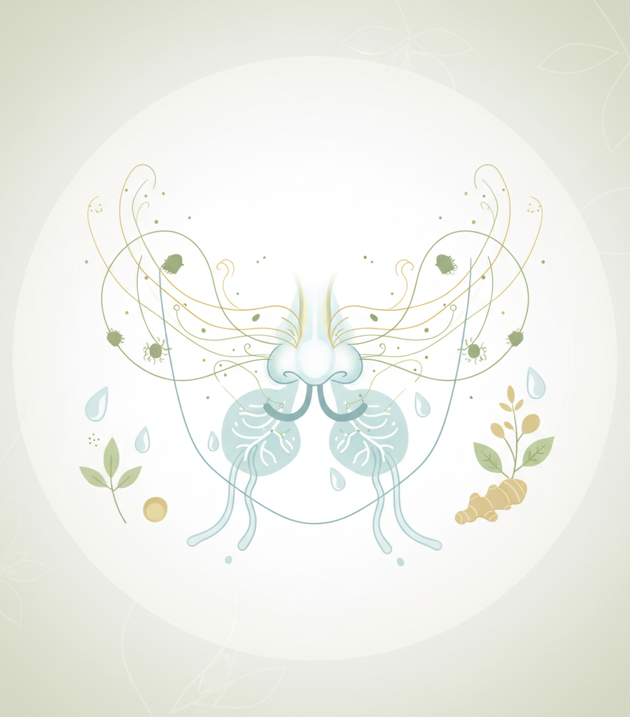 Graphic representation of the impact of pollen particles on the airways in respiratory types of allergies.
