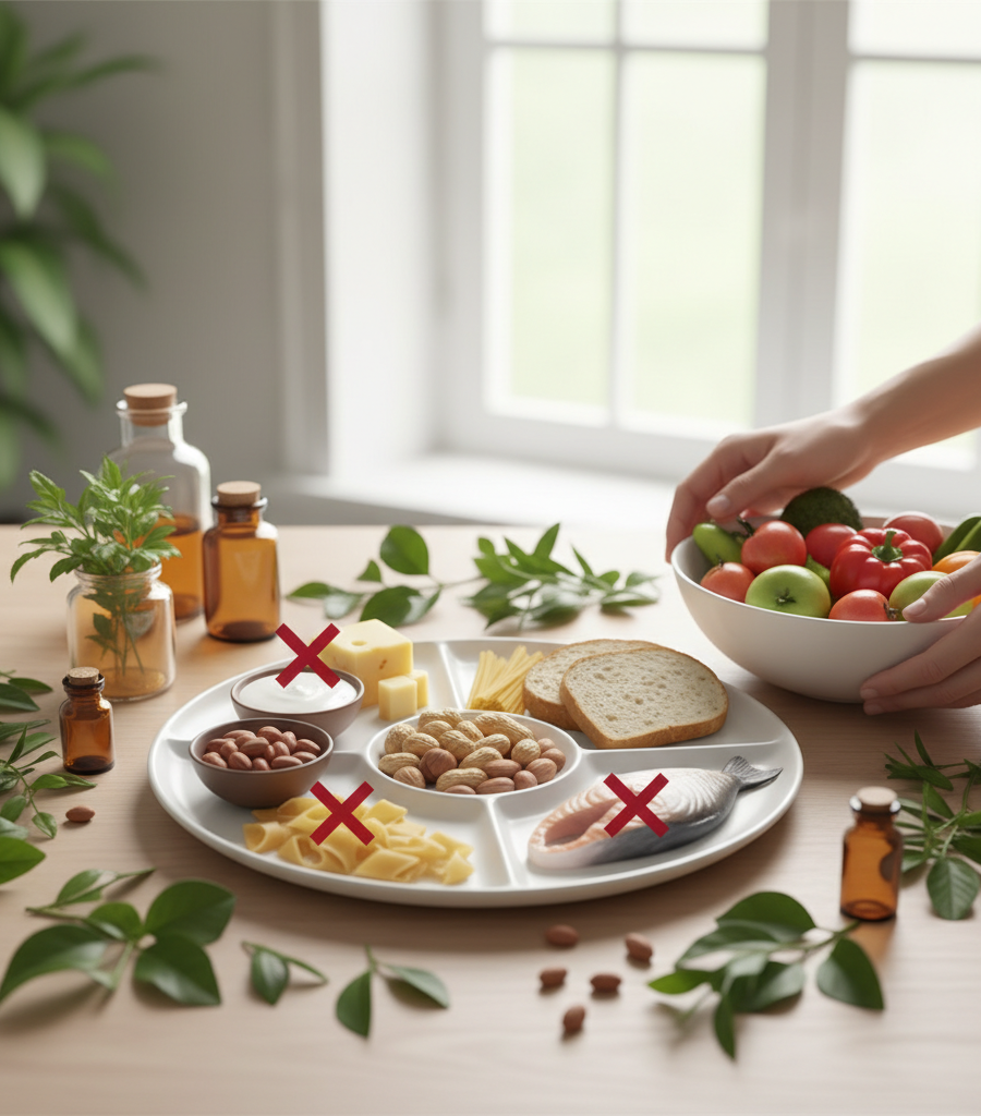 Display of the most common food allergens such as peanuts, fish, and dairy products that cause digestive types of allergies.