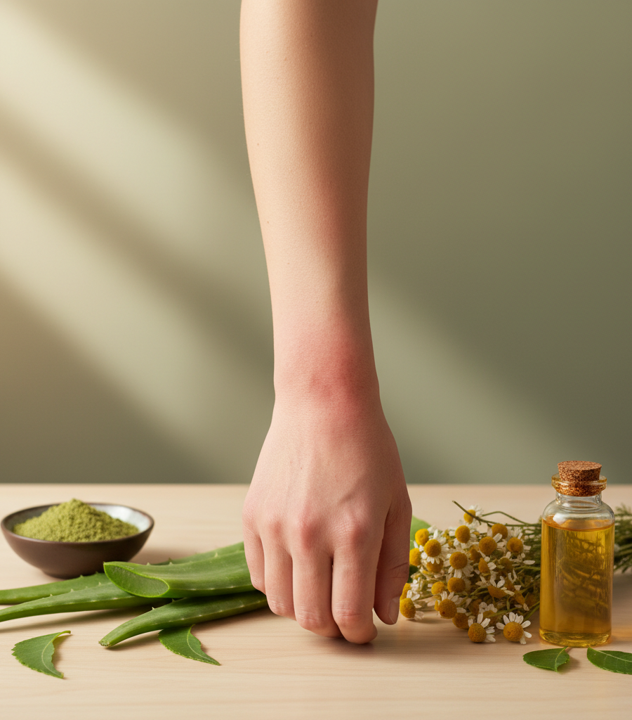 Redness and skin rash as a reaction in skin types of allergies, shown with natural remedies like aloe vera and chamomile.