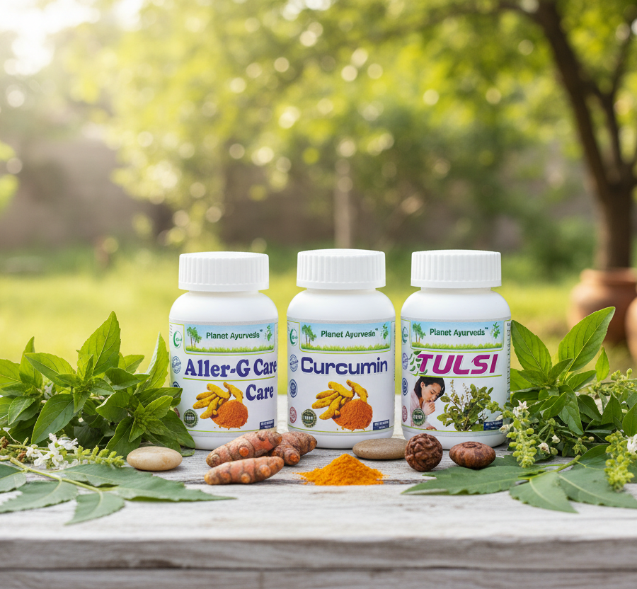 Natural Ayurvedic supplements Aller-G Care, Curcumin, and Tulsi for the treatment of various types of allergies at home.
