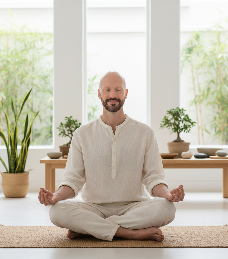 Man meditating in a peaceful atmosphere to reduce stress as part of the Alopecia Natural Solutions program.