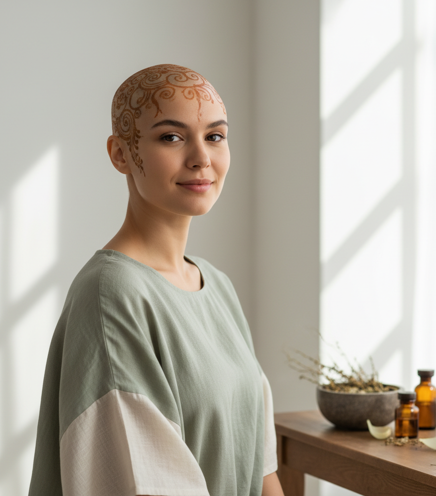 Young woman facing hair loss applying Alopecia Natural Solutions through a holistic Ayurvedic approach.