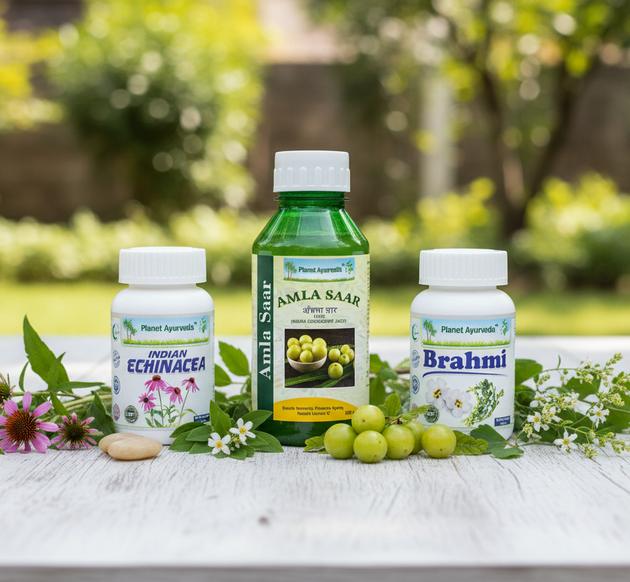 Herbal set with Amla, Brahmi, and Echinacea as the most effective Alopecia Natural Solutions.