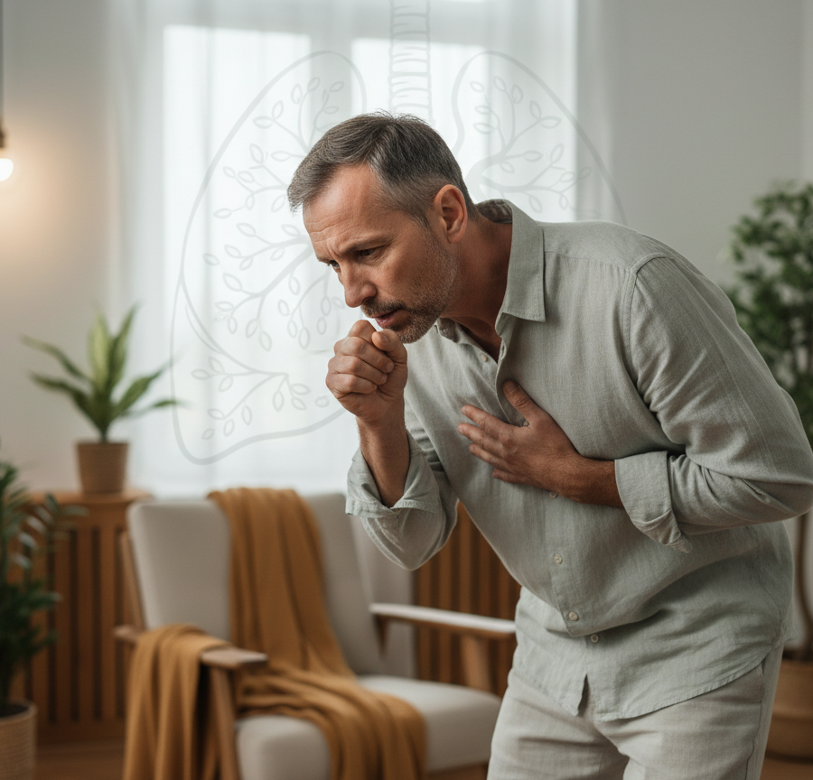 Man with a persistent cough and chest pain, symptoms that should be assessed by a doctor.