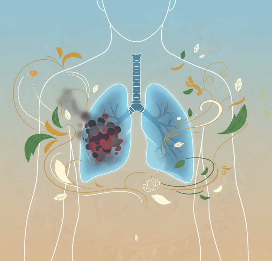 Anatomical display of the respiratory system with a tumor mass and herbal elements for Ayurvedic lung cancer treatment.