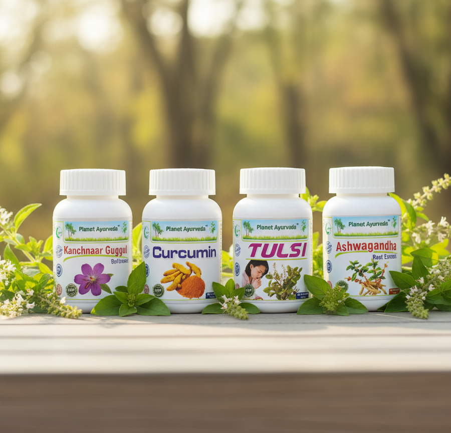 Ayurvedic supplements (Curcumin, Ashwagandha, Tulsi) sometimes used for general support alongside medical care.