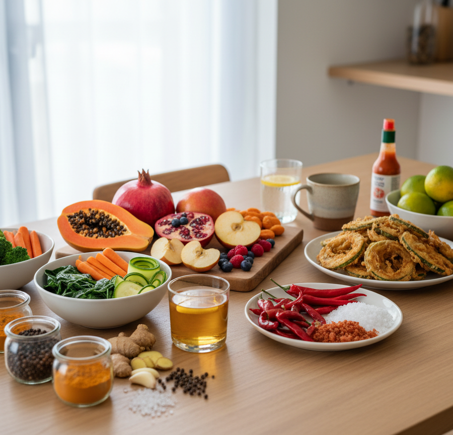 Proper Ayurvedic diet with fresh fruit and spices versus processed food during Ayurvedic lung cancer treatment.