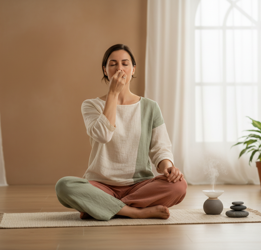 Practicing Anulom Vilom pranayama breathing exercises as part of a comprehensive Ayurvedic lung cancer treatment.
