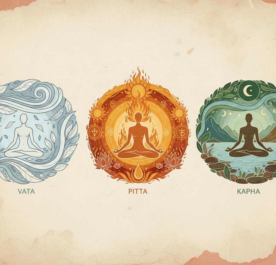 Illustration of Vata, Pitta, and Kapha doshas as the basis for preparing the right drink for a healthy life according to Ayurveda.