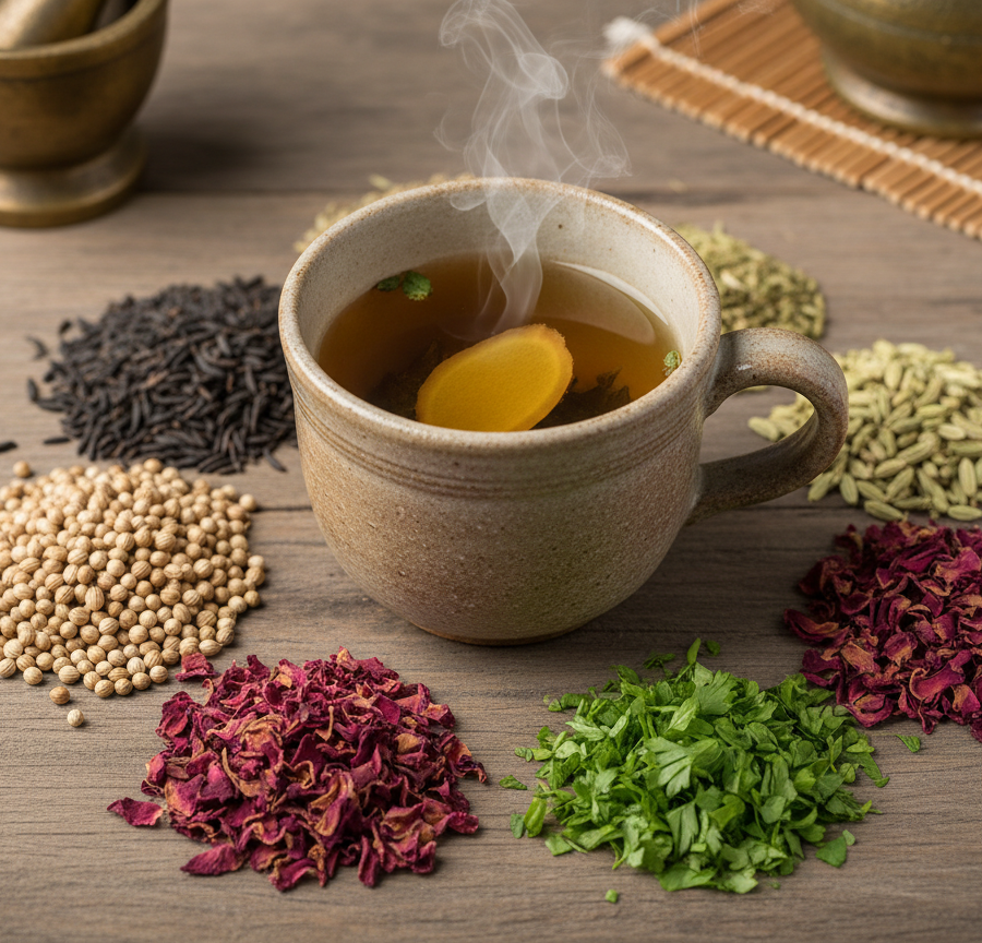 Ayurvedic herbs and spices arranged around a cup of warm tea representing the right drink for a healthy life and balance.