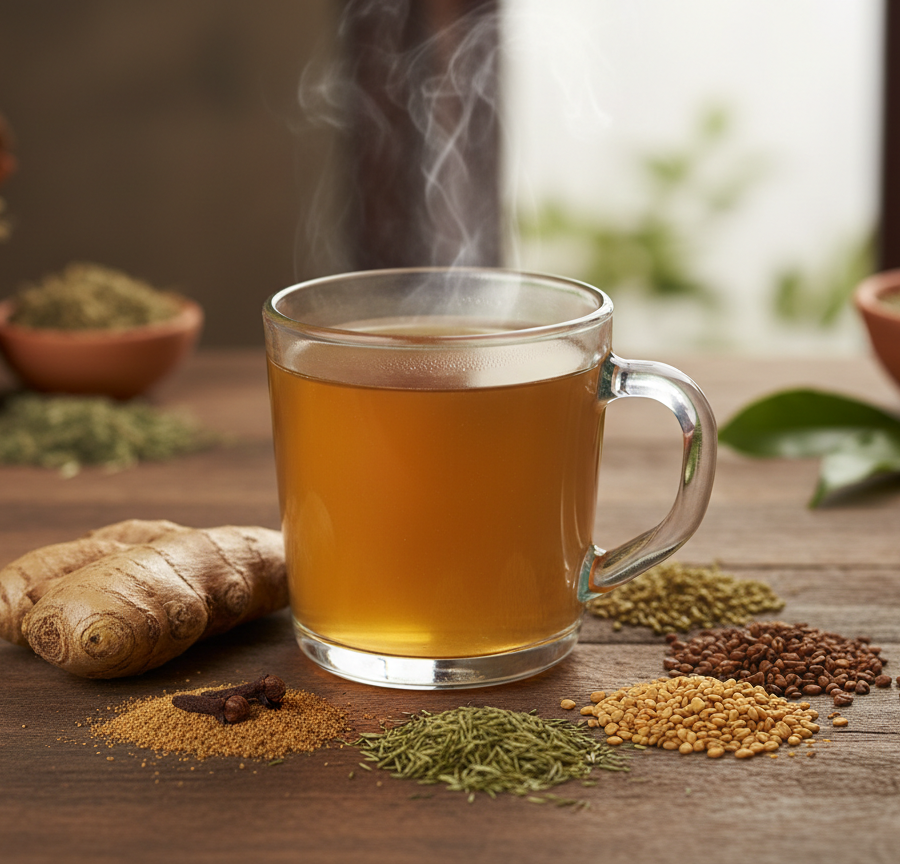 Ayurvedic herbs and spices arranged around a cup of warm tea representing the right drink for a healthy life and balance.