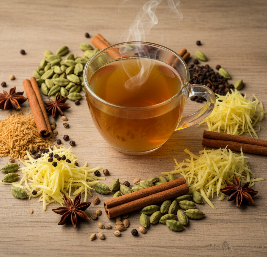 Ayurvedic herbs and spices arranged around a cup of warm tea representing the right drink for a healthy life and balance.