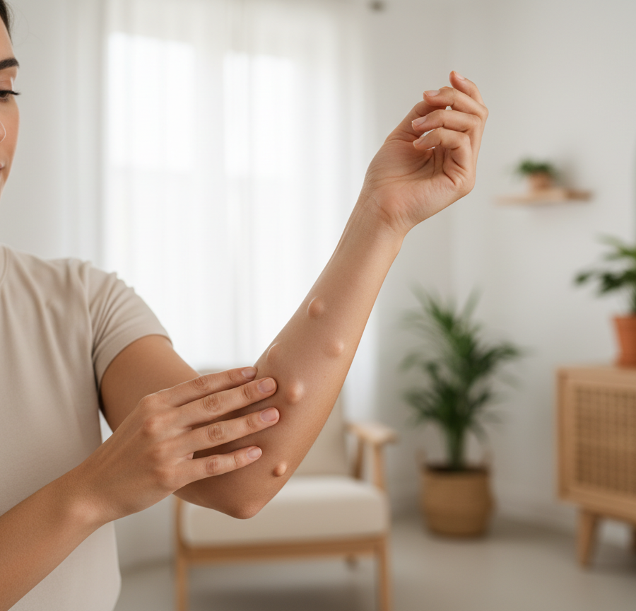 Woman checking unusual lumps under the skin as potential signs of cancer.