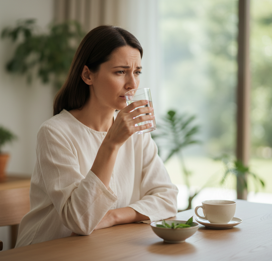 Woman feeling difficulty swallowing, one of the subtle signs of throat cancer.