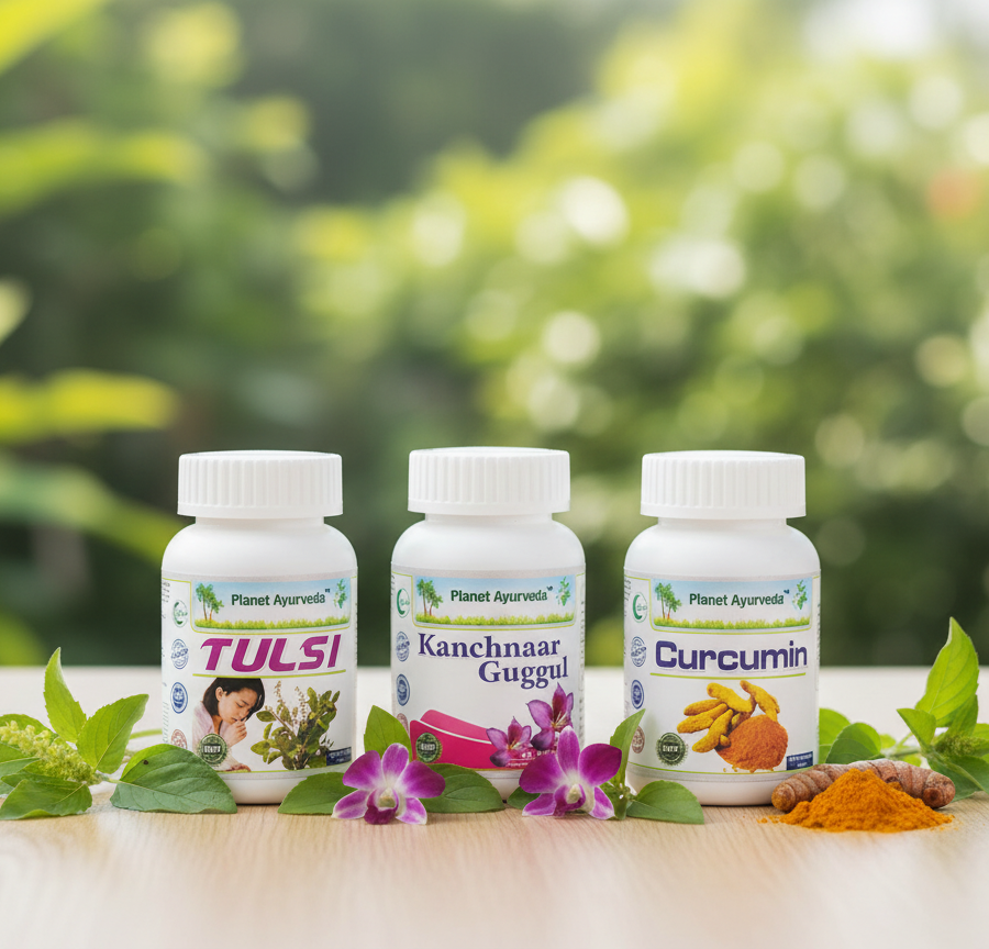 Natural supplements Tulsi, Kanchnaar Guggul, and Curcumin for support when signs of cancer appear.
