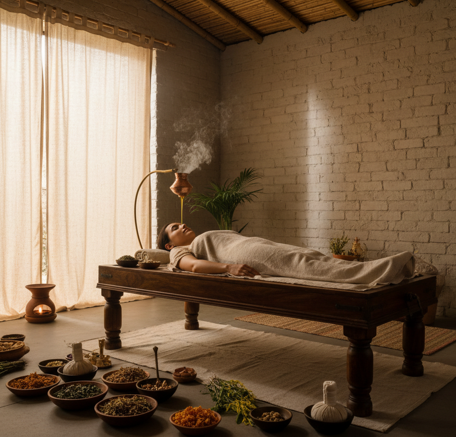 Authentic Ayurvedic Shirodhara treatment with medicinal oils as part of the Spring Panchakarma process.