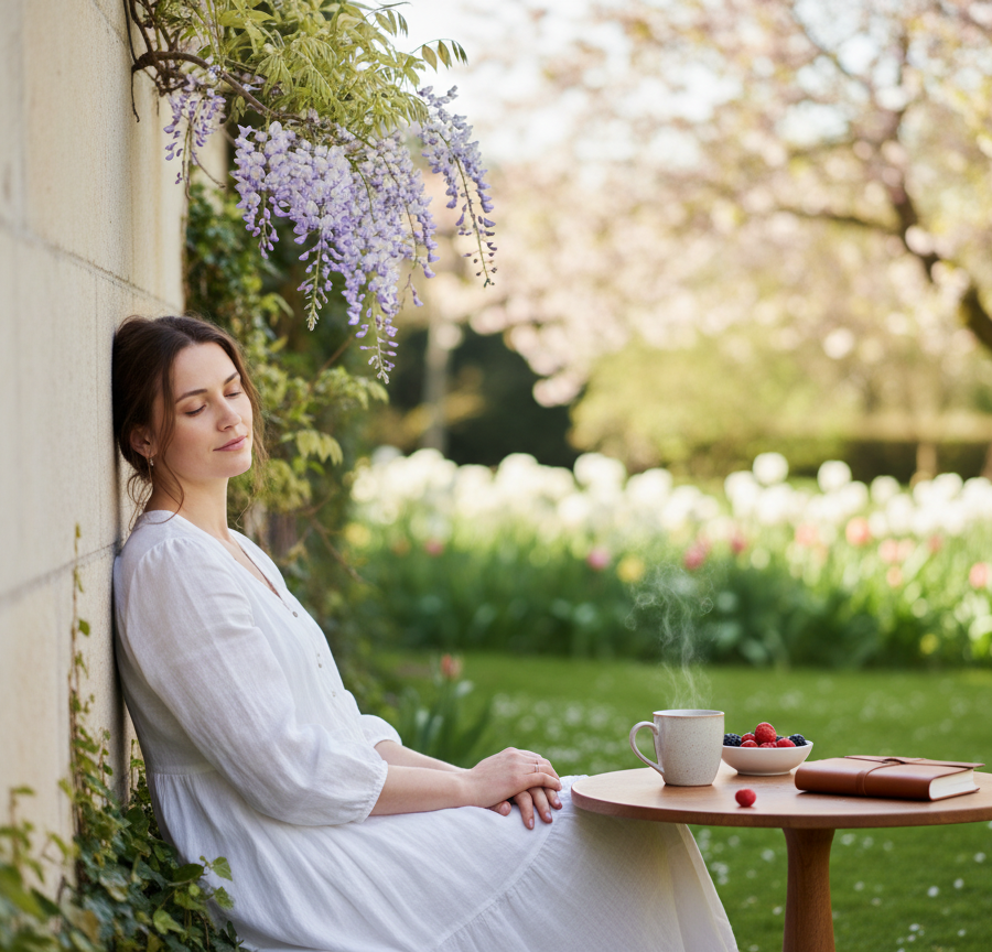 A young woman enjoying a spring garden as a symbol of restored vitality after treating weak agni.