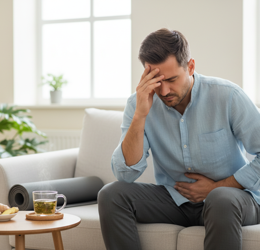Man with digestive problems and fatigue as typical symptoms of weak agni in spring.