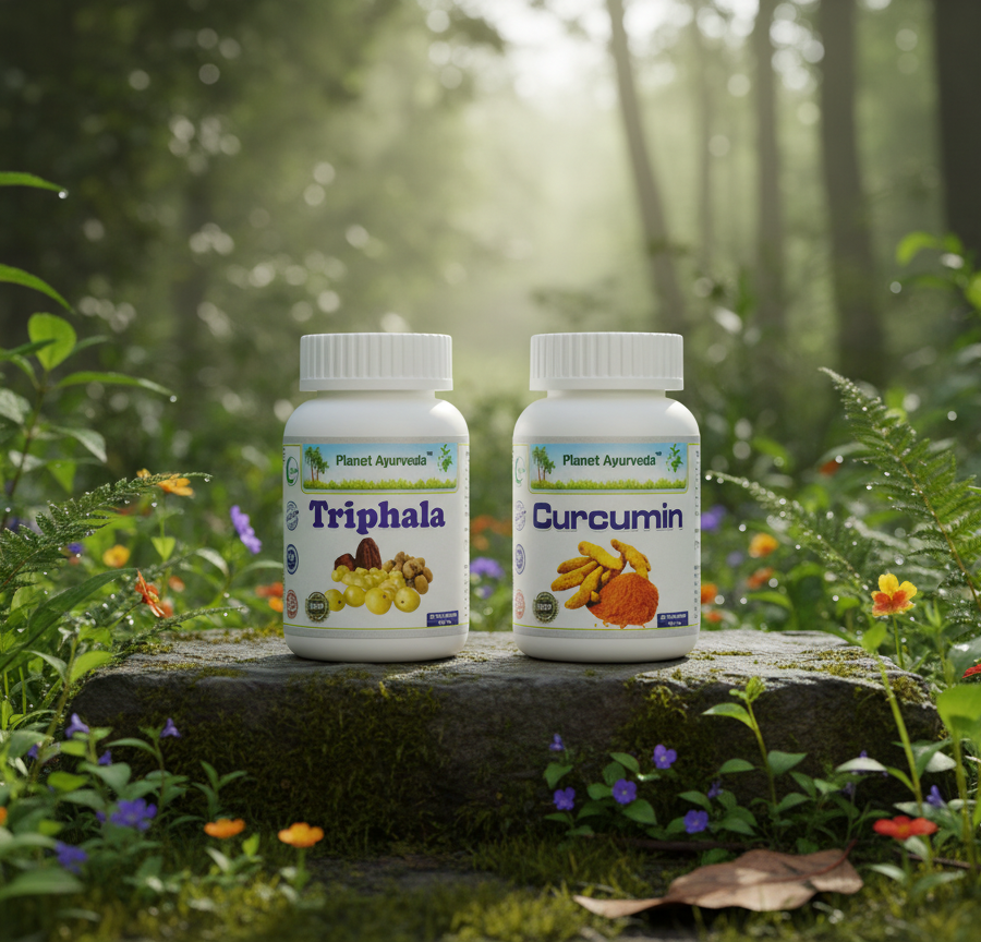 Natural supplements Triphala and Curcumin for digestive support during weak agni.