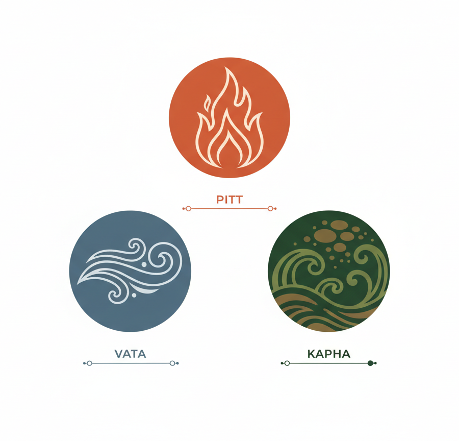 Visual representation of the three basic doshas – Vata, Pitta, and Kapha, which are key to understanding What is Ayurveda and the individual Constitution.