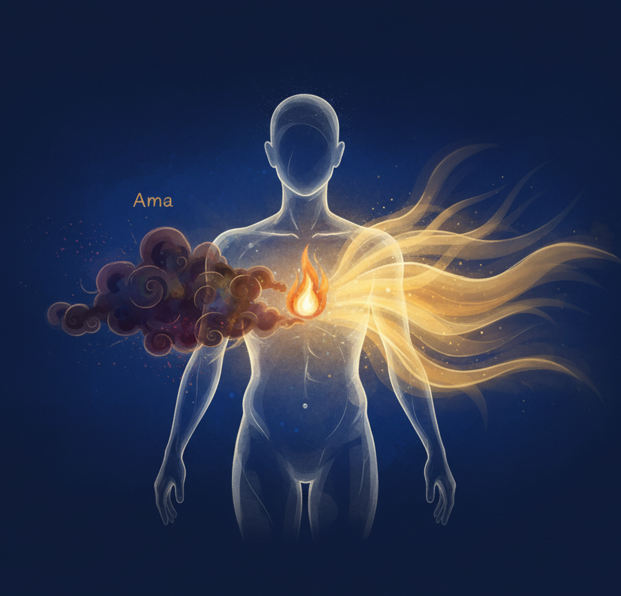 Illustration of a human body showing the central place of Agni (digestive fire) and Ama (toxins) in the context of What is Ayurveda.