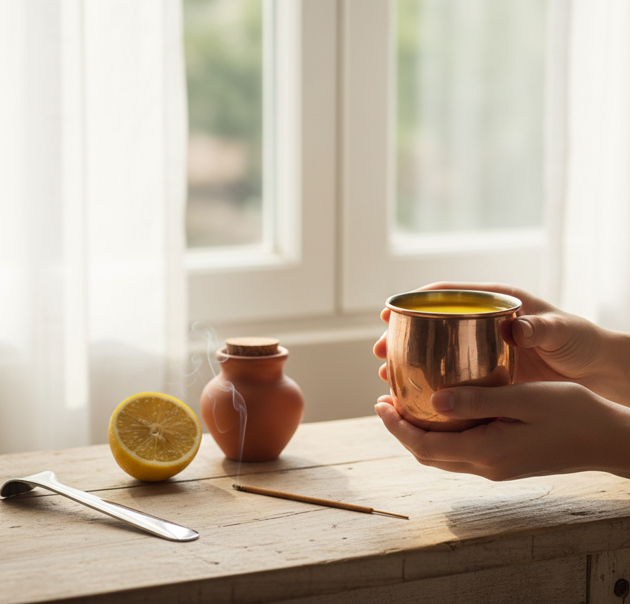 Hands holding a copper cup in a peaceful setting, illustrating the daily routine (Dinacharya) as a practical part of What is Ayurveda.