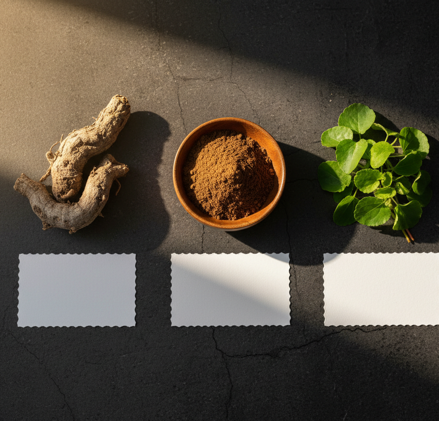 Flat lay herbs and supplements on a black background, showing the natural remedies that are the foundation of What is Ayurveda as medicine.