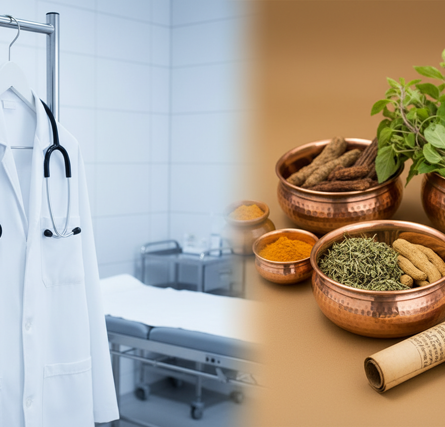 Split view comparing modern medicine (white coat) and ancient wisdom (Indian herbs), answering the question What is Ayurveda in a modern context.