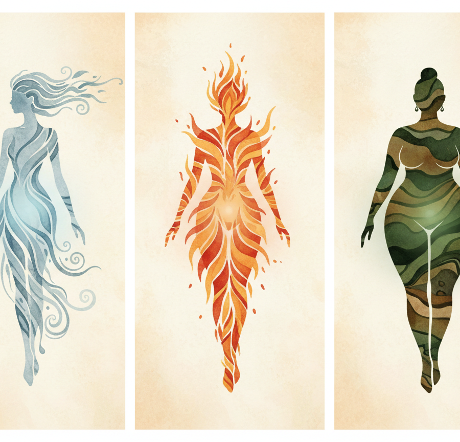 Artistic illustration of three female figures representing the elements water, fire, and earth, symbolizing the connection between Ayurvedic elements and hormonal balance.