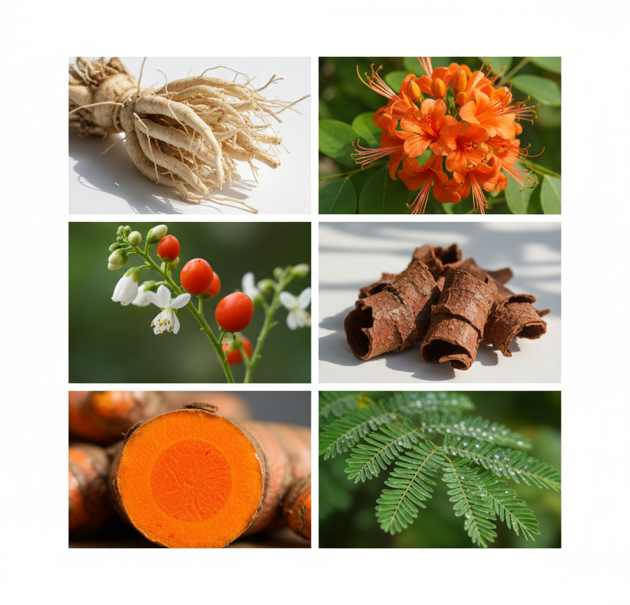 Photo collage of key Ayurvedic herbs (such as Shatavari, Ashwagandha, and Turmeric) traditionally used for natural support of hormonal balance in women.
