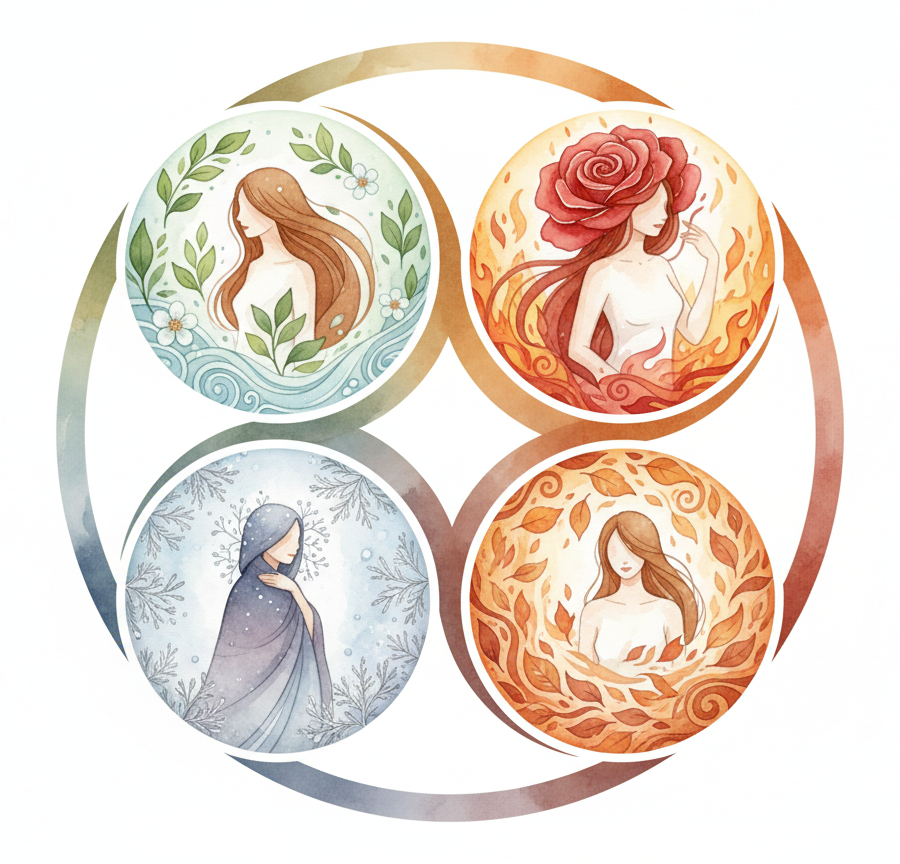 Illustration of a cycle of four women with motifs of the four seasons, emphasizing how alignment with natural rhythms helps achieve long-term hormonal balance.