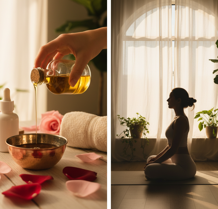 Comparison photo of a hand applying oil (Abhyanga) and a woman meditating, showing two powerful Ayurvedic practices for stress management and maintaining hormonal balance.