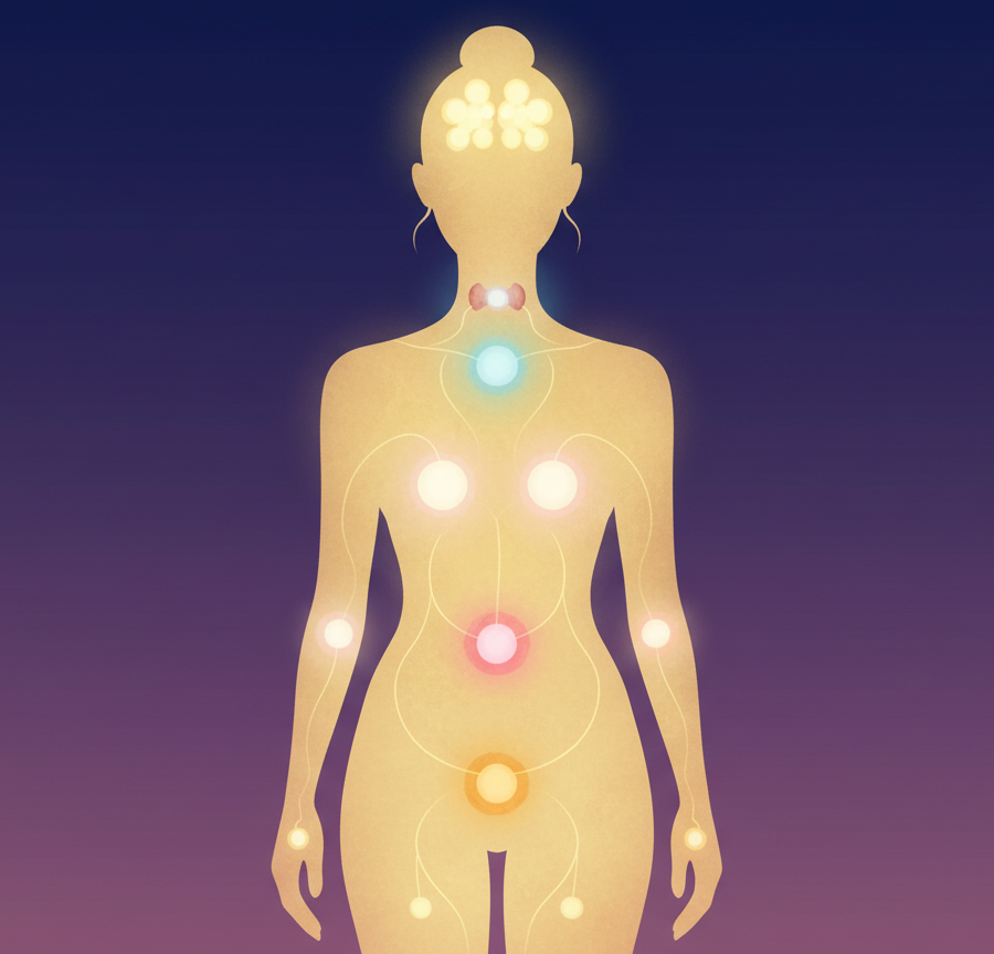 Visual illustration of the internal energy flow and glands in a female silhouette, showing vital points for metabolic and hormonal balance.
