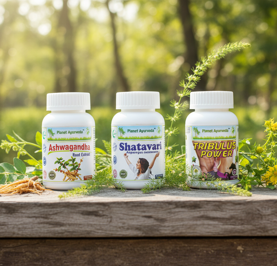 Ayurvedic supplements Ashwagandha, Shatavari, and Tribulus Power for natural support in male infertility and Ayurveda treatments.