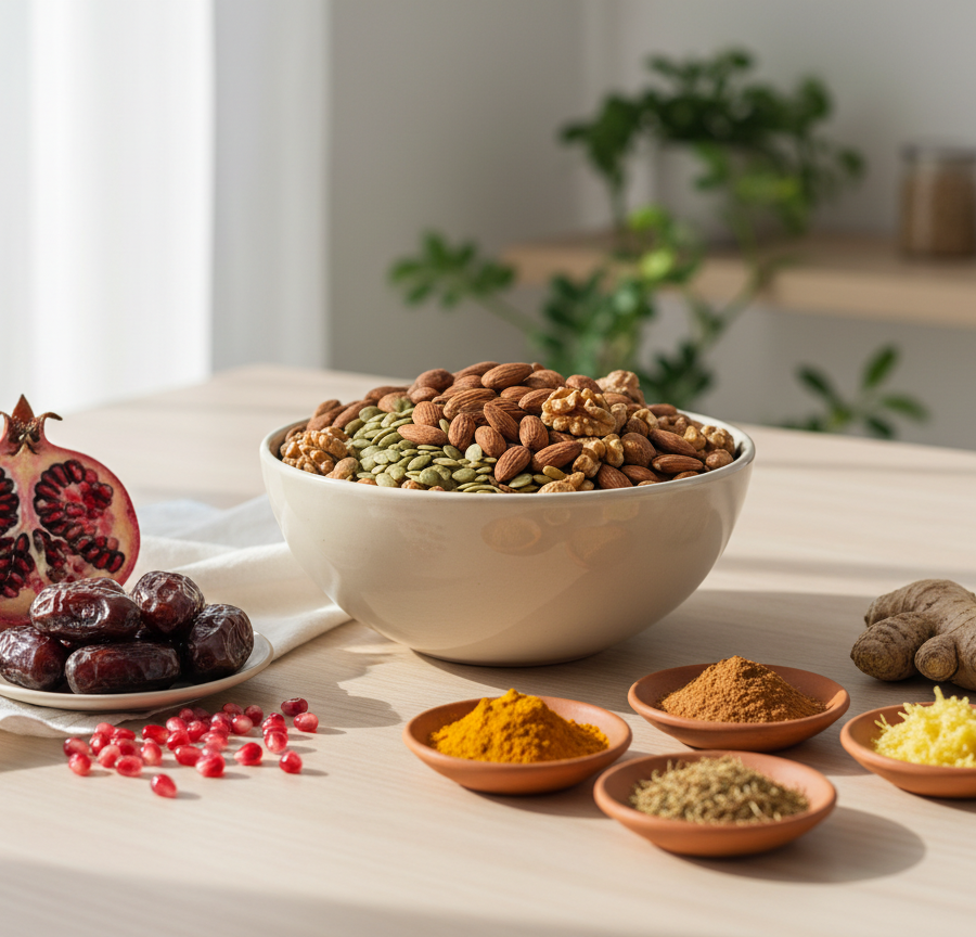 A rich selection of superfoods including nuts, seeds, dates, pomegranate, and spices recommended for male infertility and Ayurveda diet.