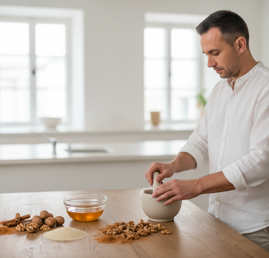 Ayurvedic specialist preparing a natural herbal remedy with a mortar and pestle to address male infertility and the Ayurveda approach.