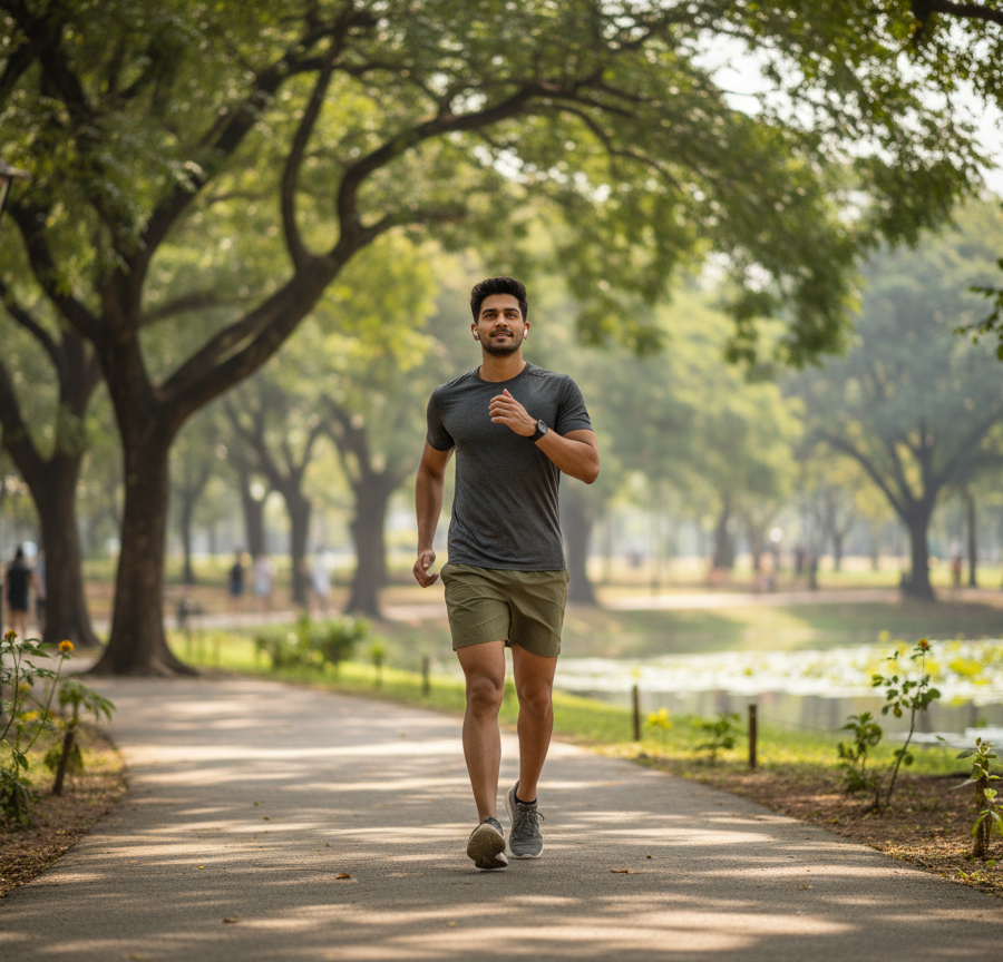A man exercising in a park, practicing healthy habits to improve vitality, which is a key part of the process of treating male infertility and Ayurveda.